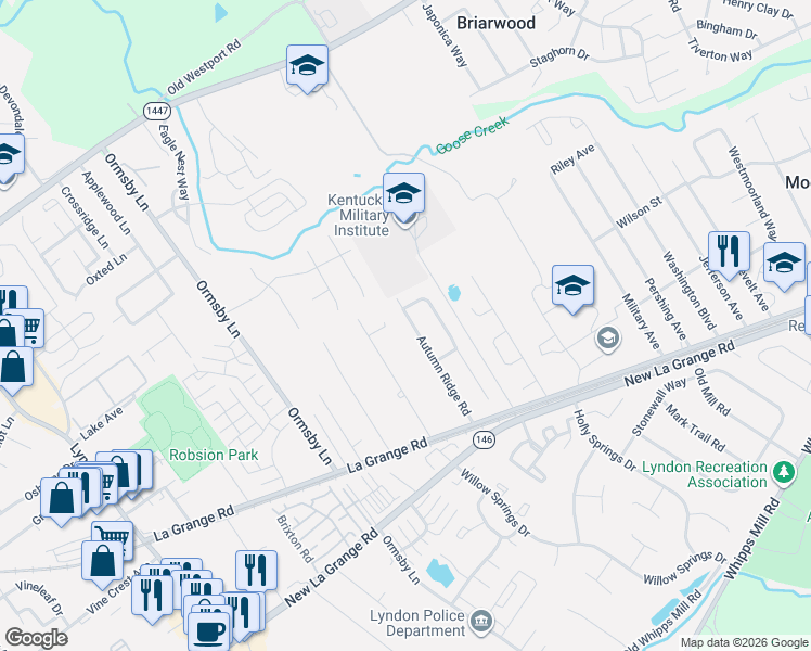 map of restaurants, bars, coffee shops, grocery stores, and more near 1402 Autumn Ridge Road in Louisville