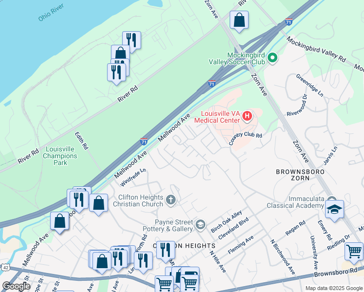 map of restaurants, bars, coffee shops, grocery stores, and more near 104 Highwood Drive in Louisville