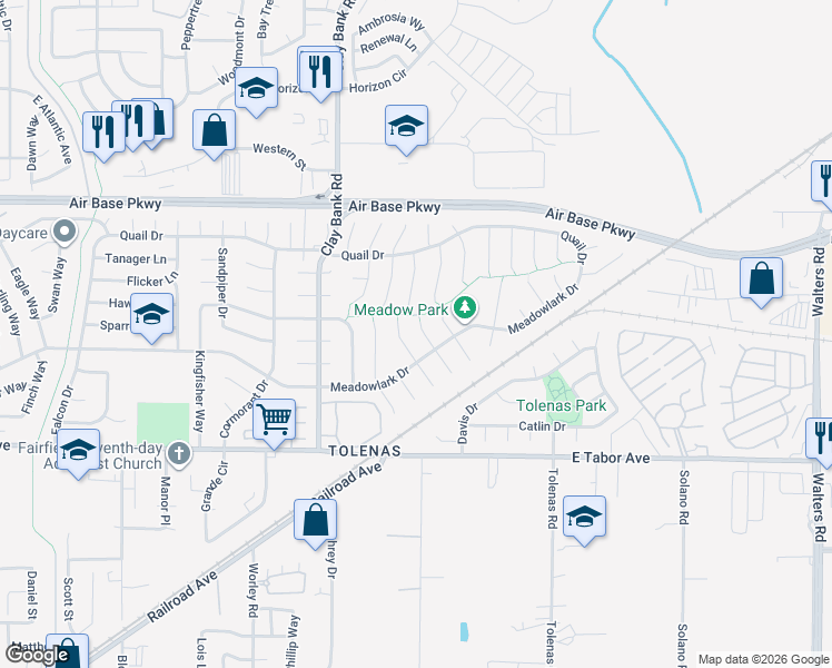 map of restaurants, bars, coffee shops, grocery stores, and more near 2115 Calder Place in Fairfield