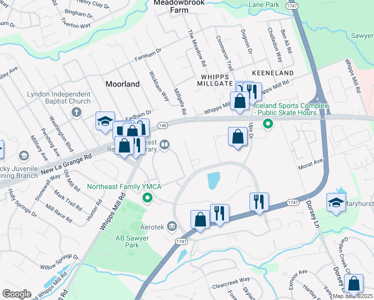 map of restaurants, bars, coffee shops, grocery stores, and more near 1534 Ormsby Station Court in Louisville