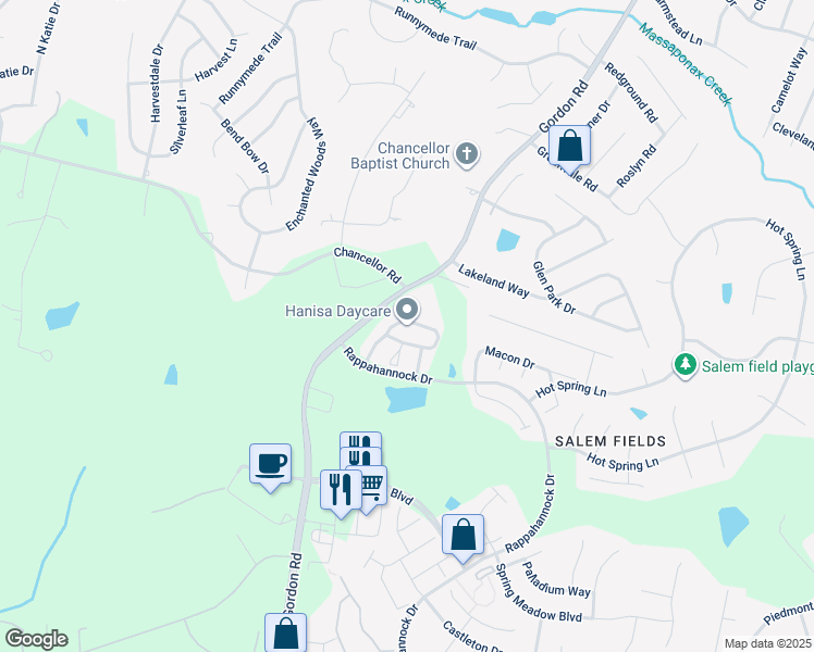 map of restaurants, bars, coffee shops, grocery stores, and more near 7136 Wytheville Circle in Fredericksburg