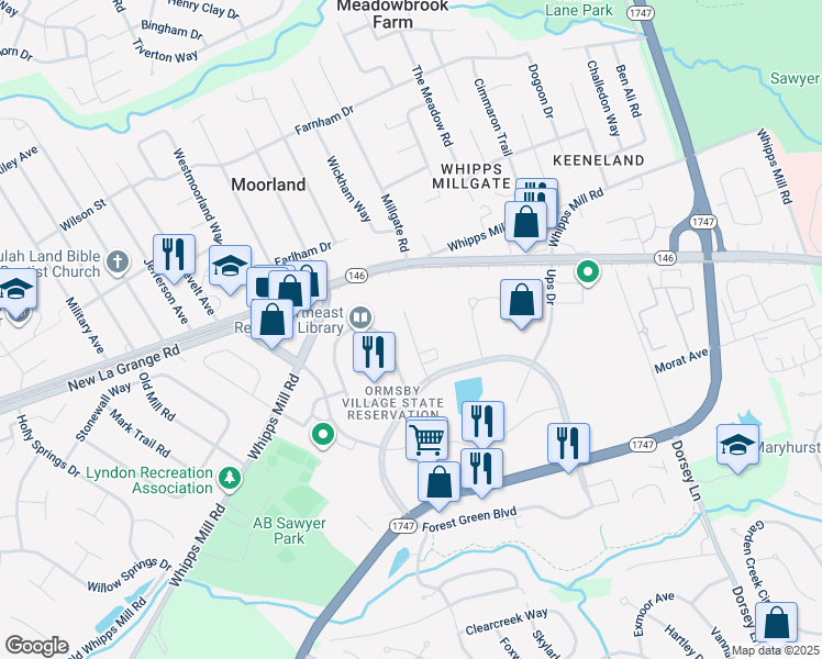 map of restaurants, bars, coffee shops, grocery stores, and more near 1534 Ormsby Station Court in Louisville