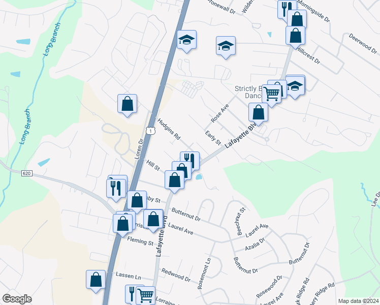 map of restaurants, bars, coffee shops, grocery stores, and more near 120 Hudgins Road in Fredericksburg