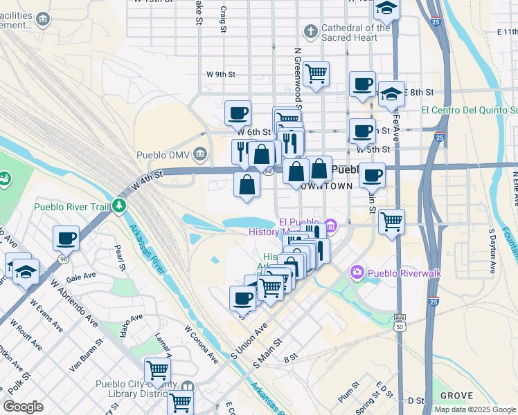 map of restaurants, bars, coffee shops, grocery stores, and more near 205 North Elizabeth Street in Pueblo