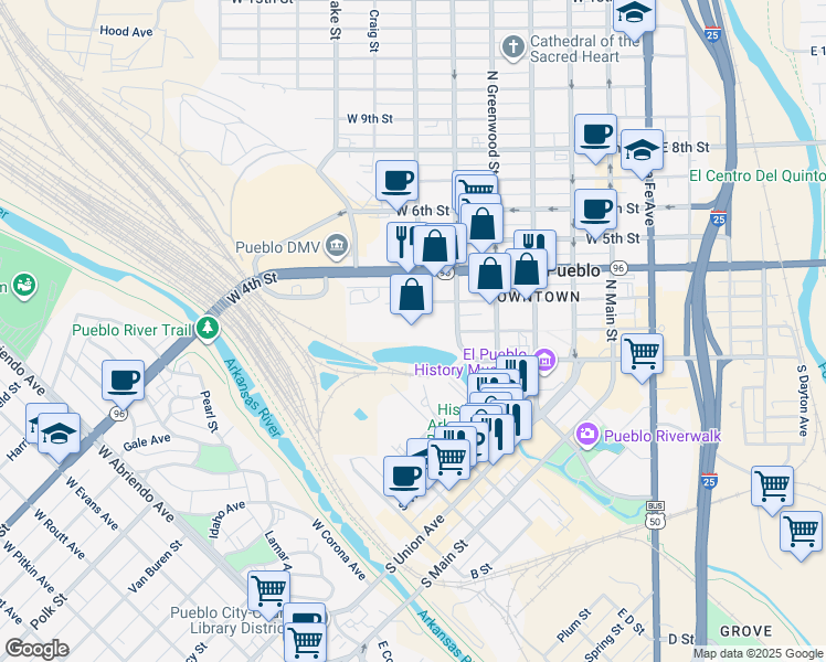 map of restaurants, bars, coffee shops, grocery stores, and more near 205 North Elizabeth Street in Pueblo