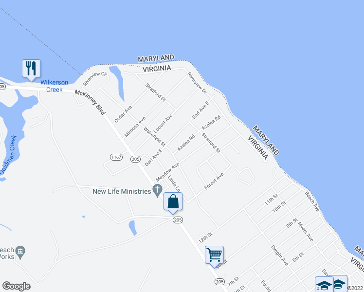 map of restaurants, bars, coffee shops, grocery stores, and more near 203 Azalea Road in Colonial Beach