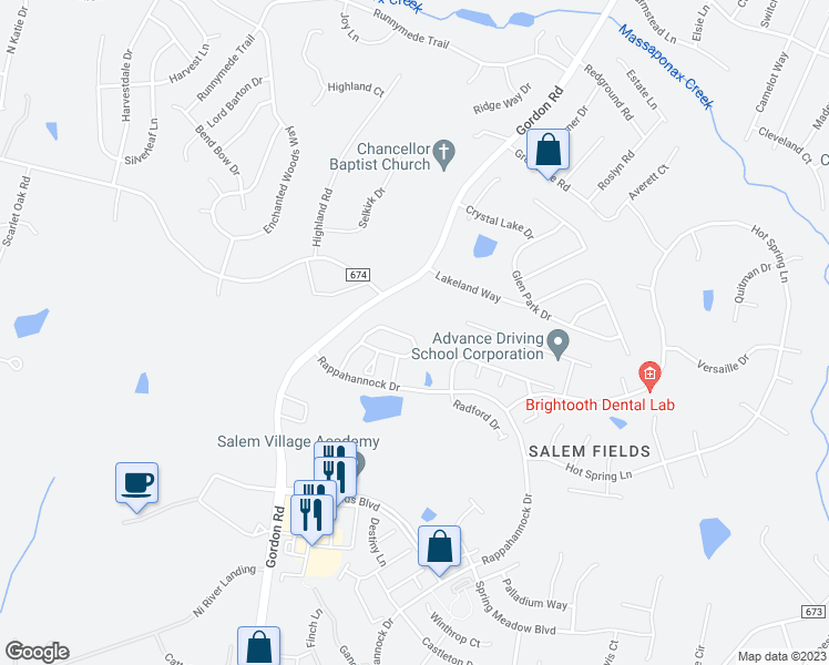 map of restaurants, bars, coffee shops, grocery stores, and more near 7107 Wytheville Circle in Fredericksburg