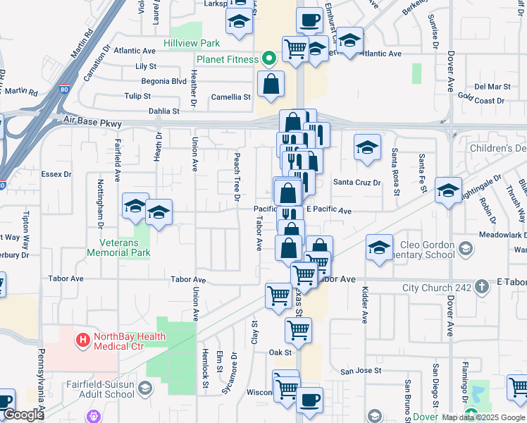 map of restaurants, bars, coffee shops, grocery stores, and more near 211 Pacific Avenue in Fairfield