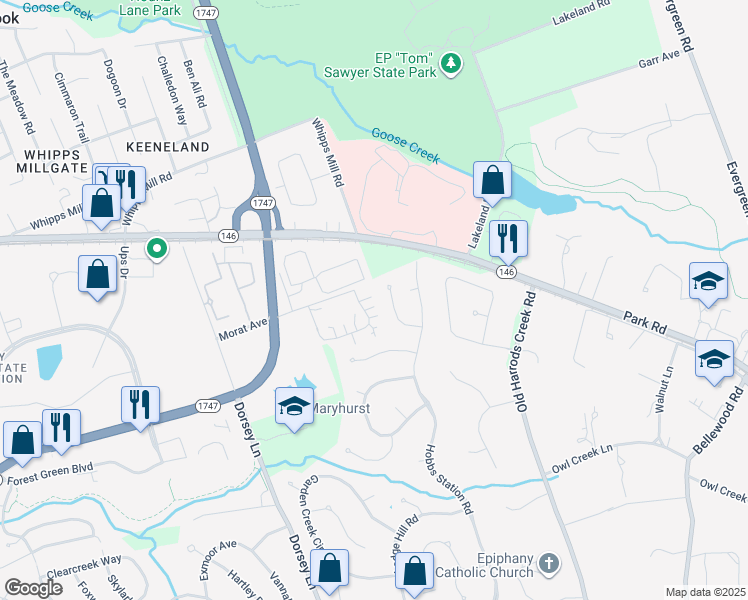 map of restaurants, bars, coffee shops, grocery stores, and more near 10618 Eagle Pines Lane in Louisville