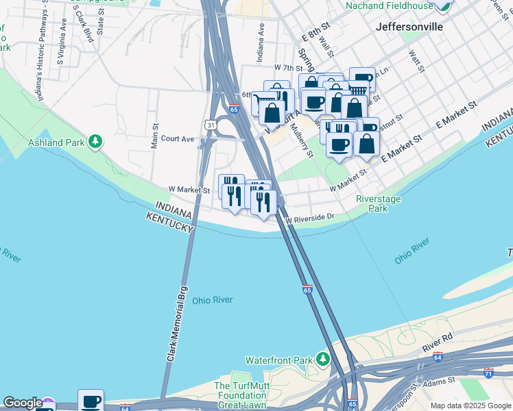 map of restaurants, bars, coffee shops, grocery stores, and more near 506 West Market Street in Jeffersonville