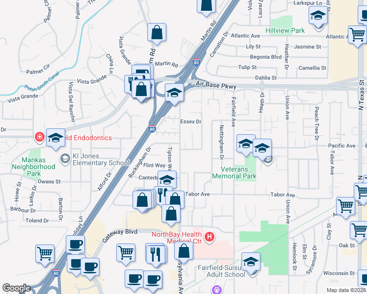 map of restaurants, bars, coffee shops, grocery stores, and more near 1300 Sunningdale Lane in Fairfield