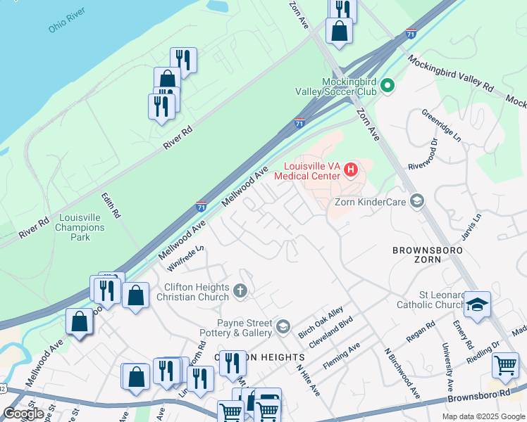 map of restaurants, bars, coffee shops, grocery stores, and more near in Louisville