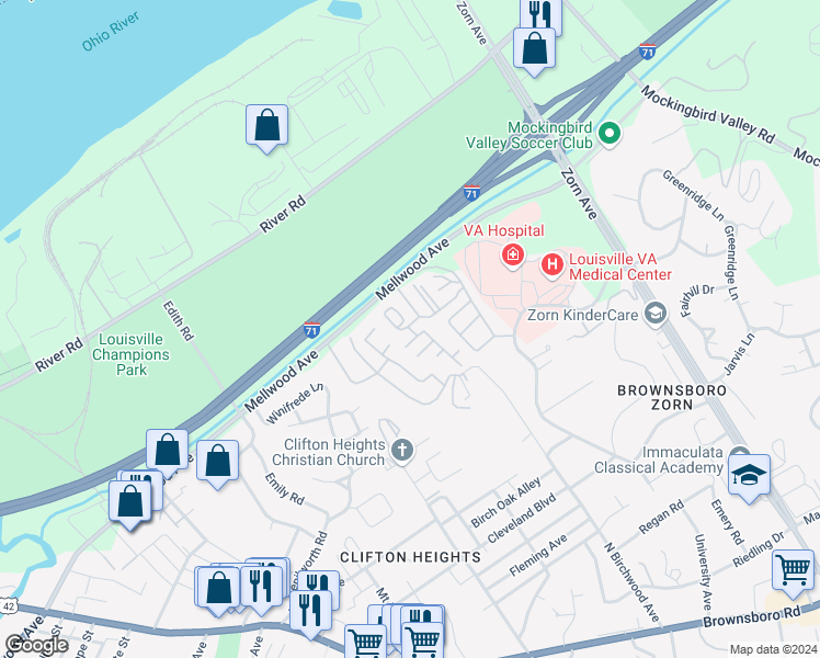 map of restaurants, bars, coffee shops, grocery stores, and more near 714 Highwood Drive in Louisville