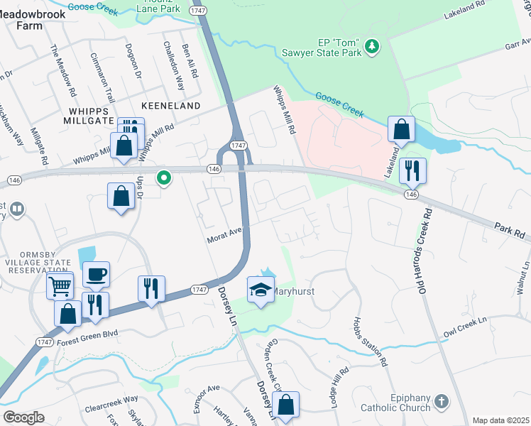 map of restaurants, bars, coffee shops, grocery stores, and more near 10500 Drumlin Drive in Louisville