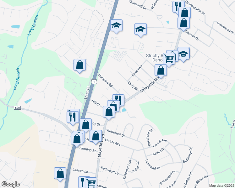 map of restaurants, bars, coffee shops, grocery stores, and more near 122 Hudgins Road in Fredericksburg