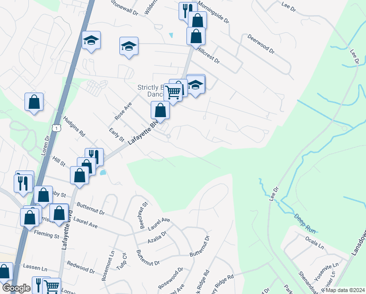 map of restaurants, bars, coffee shops, grocery stores, and more near 4301 Normandy Court in Fredericksburg