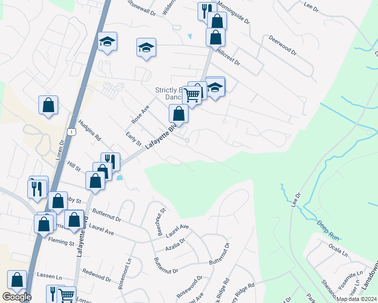 map of restaurants, bars, coffee shops, grocery stores, and more near 4328 Normandy Court in Fredericksburg