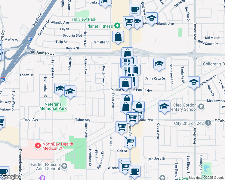 map of restaurants, bars, coffee shops, grocery stores, and more near 307 Pacific Avenue in Fairfield