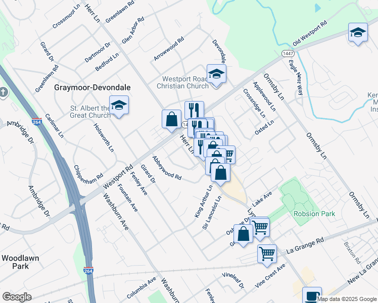 map of restaurants, bars, coffee shops, grocery stores, and more near 1336 Herr Lane in Louisville