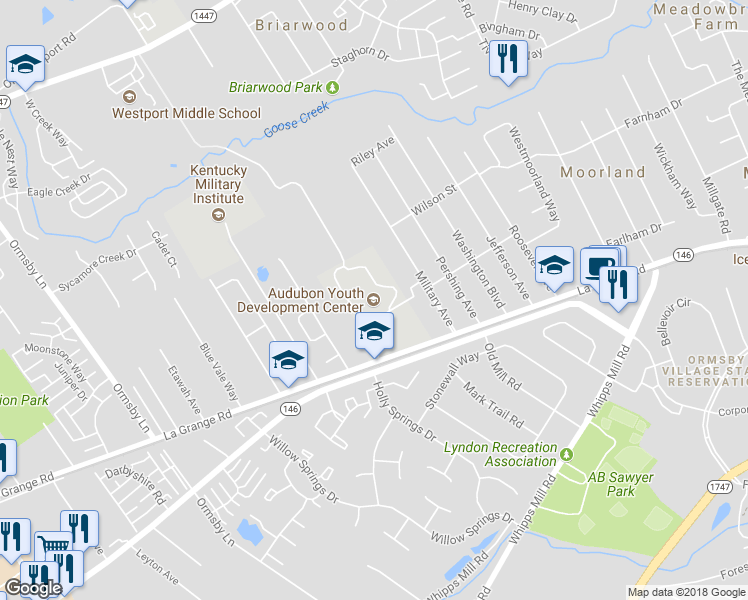 map of restaurants, bars, coffee shops, grocery stores, and more near 8711 Lagrange Road in Louisville