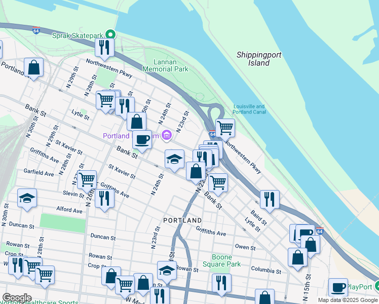 map of restaurants, bars, coffee shops, grocery stores, and more near 2204 Portland Avenue in Louisville