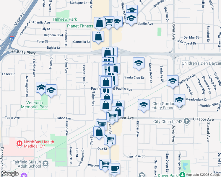 map of restaurants, bars, coffee shops, grocery stores, and more near N Texas St & Pacific Ave in Fairfield