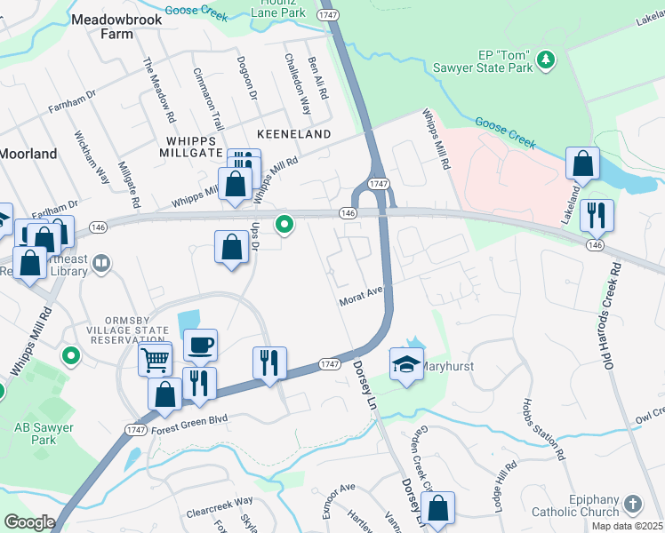 map of restaurants, bars, coffee shops, grocery stores, and more near 1215 Dorsey Lane in Louisville