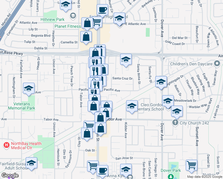 map of restaurants, bars, coffee shops, grocery stores, and more near East Pacific Avenue & Santa Ana Drive in Fairfield