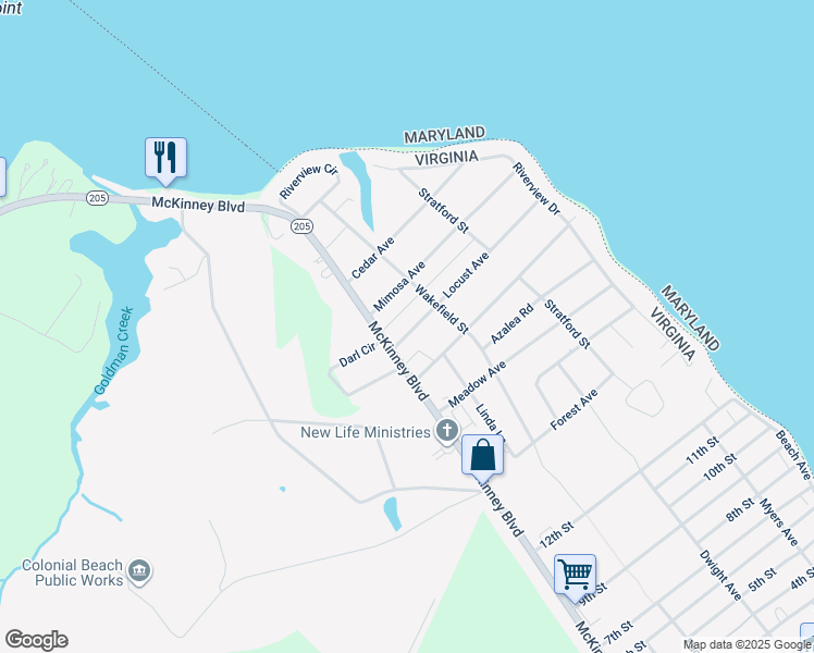 map of restaurants, bars, coffee shops, grocery stores, and more near 311 Locust Avenue in Colonial Beach
