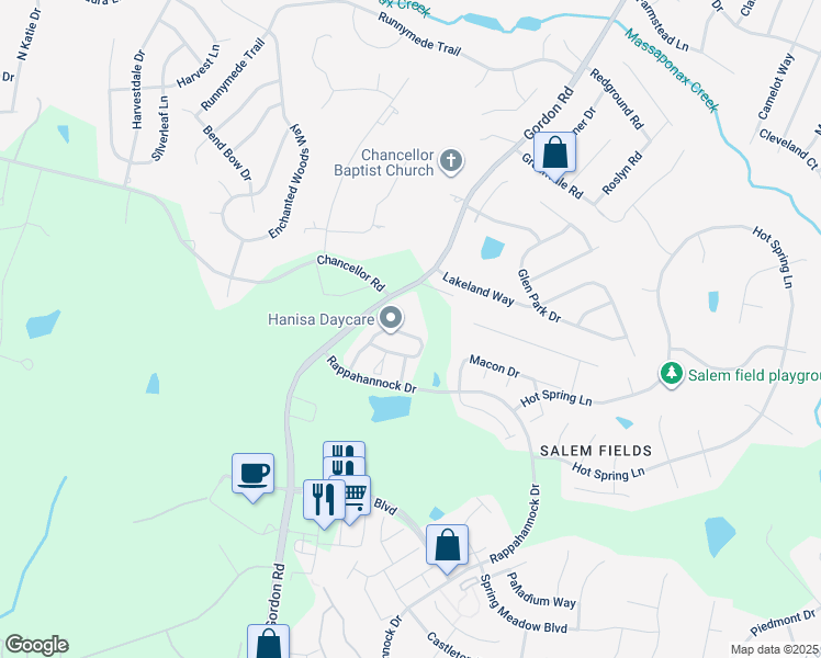 map of restaurants, bars, coffee shops, grocery stores, and more near 7119 Wytheville Circle in Fredericksburg