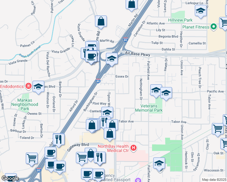 map of restaurants, bars, coffee shops, grocery stores, and more near 6 Del Prado Circle in Fairfield