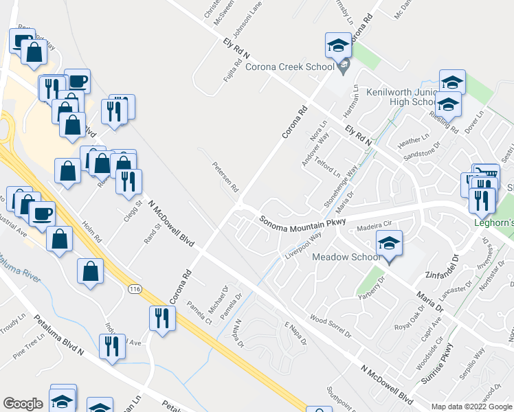 map of restaurants, bars, coffee shops, grocery stores, and more near 436 Corona Road in Petaluma