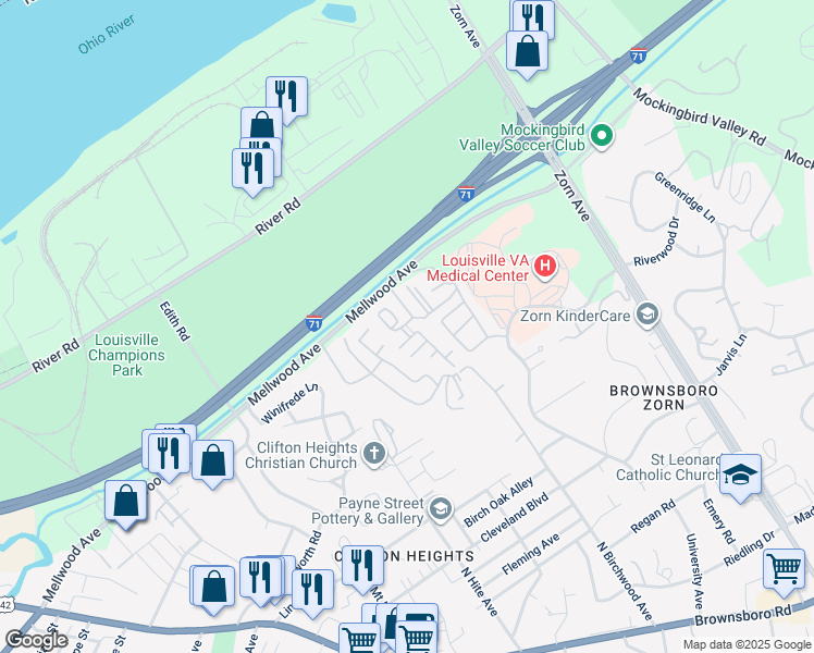 map of restaurants, bars, coffee shops, grocery stores, and more near in Louisville