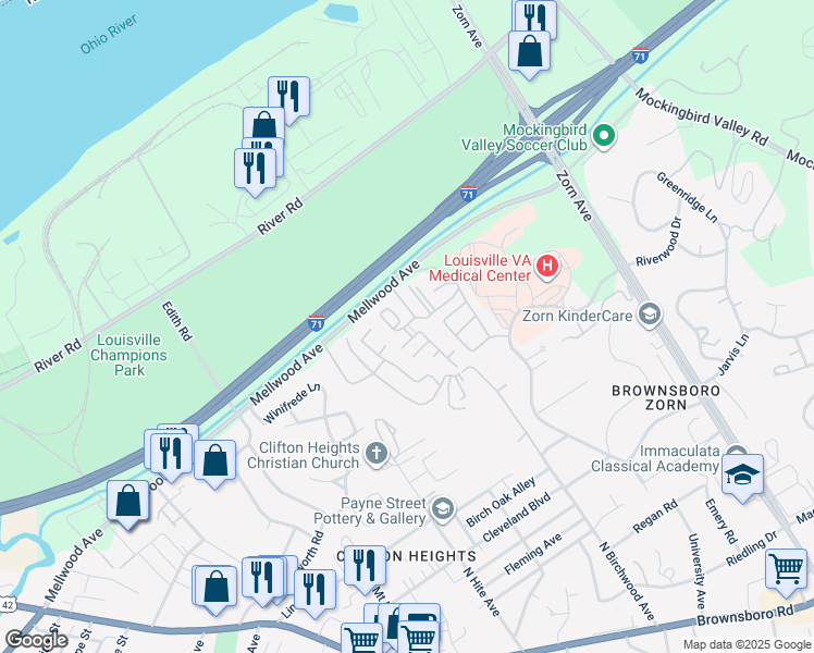 map of restaurants, bars, coffee shops, grocery stores, and more near in Louisville