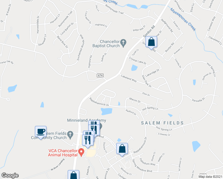 map of restaurants, bars, coffee shops, grocery stores, and more near 7123 Wytheville Circle in Fredericksburg