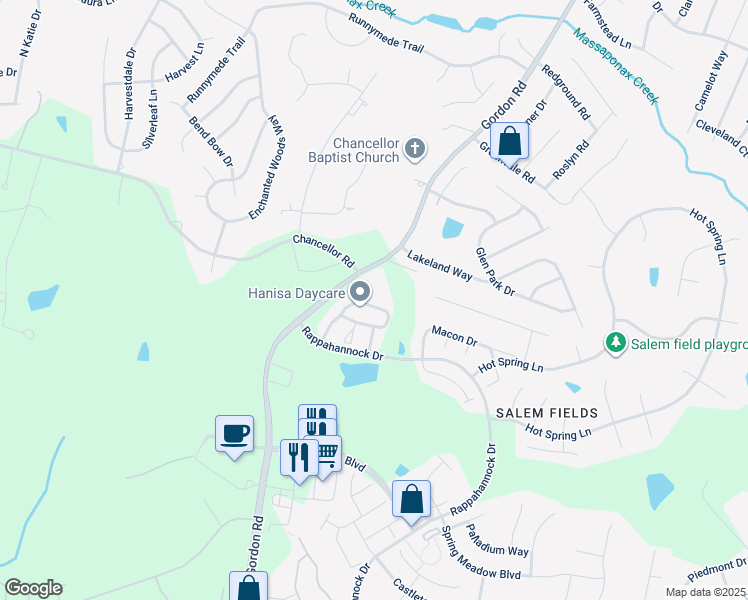 map of restaurants, bars, coffee shops, grocery stores, and more near 7125 Wytheville Circle in Fredericksburg