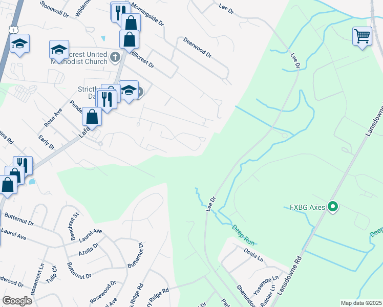 map of restaurants, bars, coffee shops, grocery stores, and more near 512 Olde Greenwich Circle in Fredericksburg