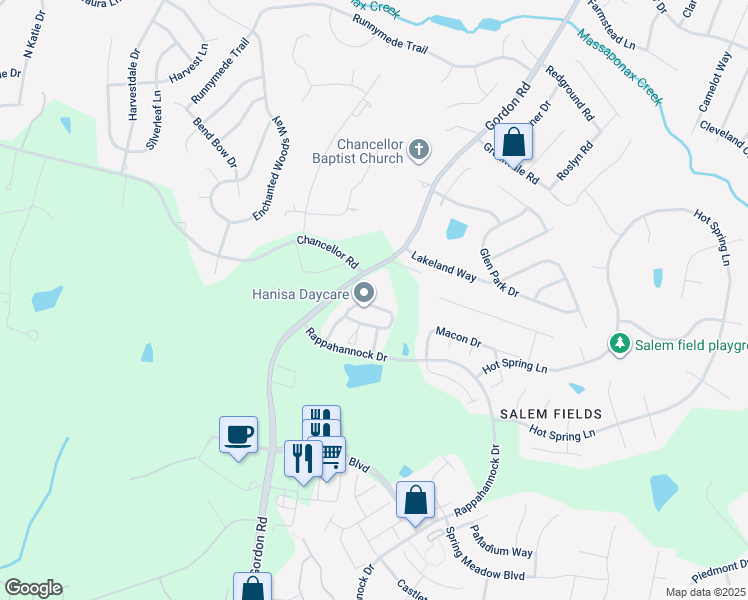 map of restaurants, bars, coffee shops, grocery stores, and more near 7129 Wytheville Circle in Fredericksburg