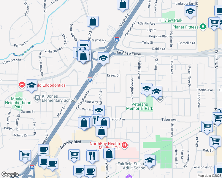 map of restaurants, bars, coffee shops, grocery stores, and more near 1305 Sunningdale Lane in Fairfield