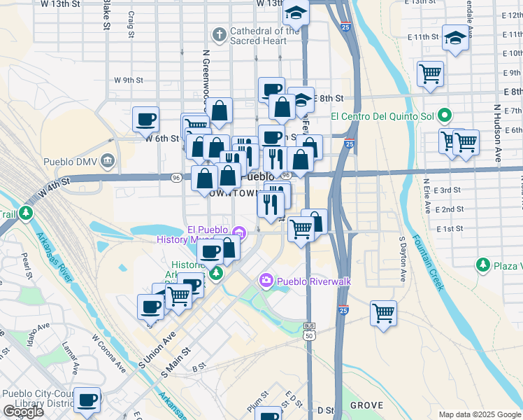 map of restaurants, bars, coffee shops, grocery stores, and more near 228 West 3rd Street in Pueblo
