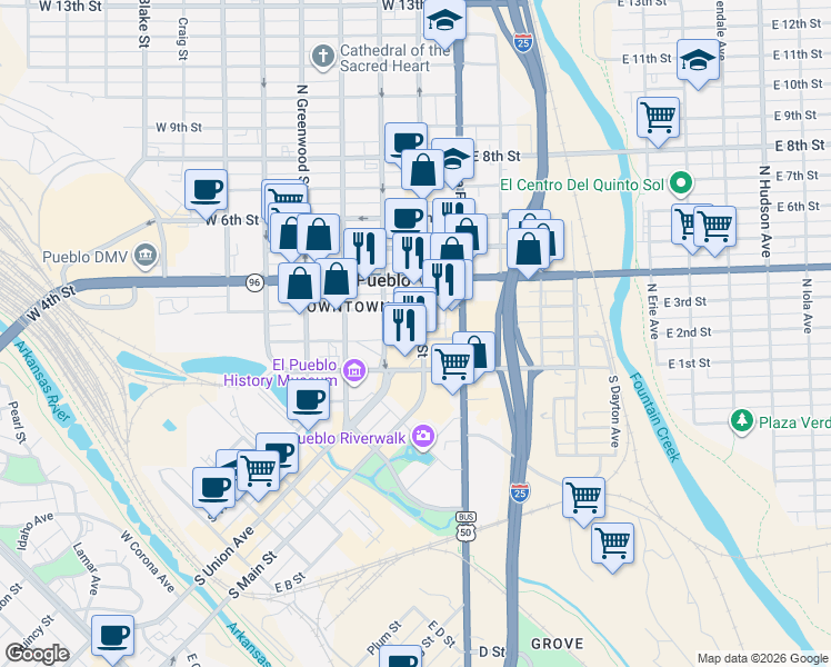 map of restaurants, bars, coffee shops, grocery stores, and more near 222 North Main Street in Pueblo