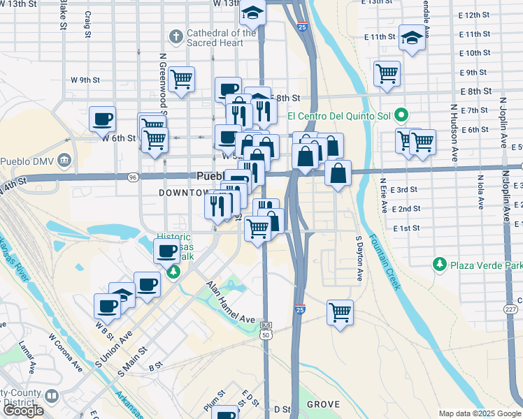 map of restaurants, bars, coffee shops, grocery stores, and more near 210 U.S. 50 in Pueblo