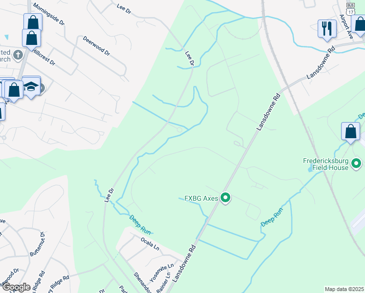 map of restaurants, bars, coffee shops, grocery stores, and more near 3807 Chapman Drive in Fredericksburg