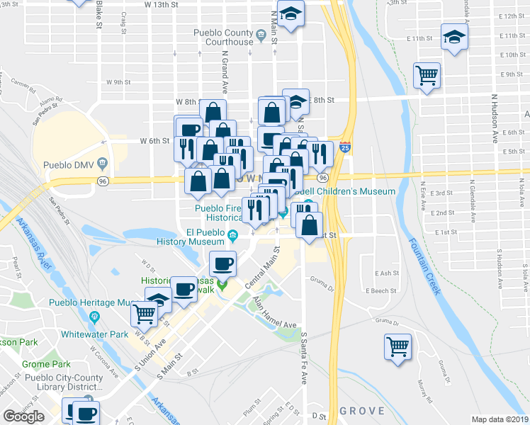 map of restaurants, bars, coffee shops, grocery stores, and more near 228 West 3rd Street in Pueblo