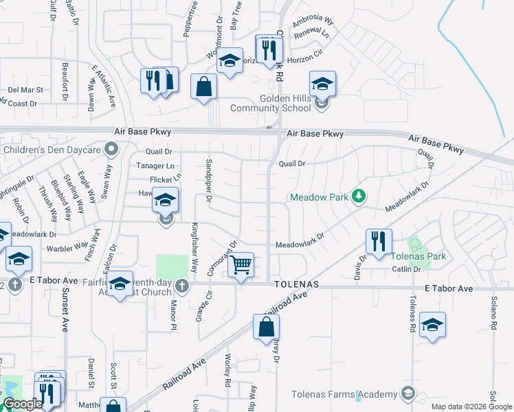 map of restaurants, bars, coffee shops, grocery stores, and more near 1214 Sanderling Drive in Fairfield
