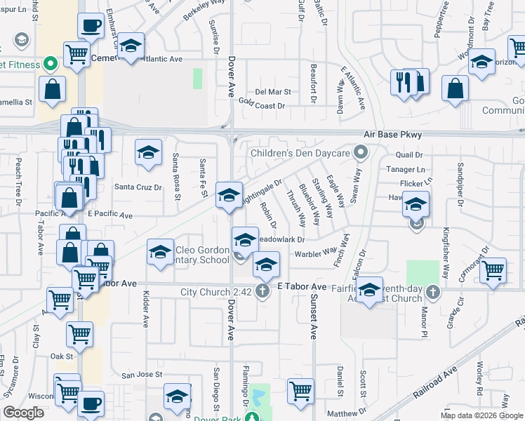 map of restaurants, bars, coffee shops, grocery stores, and more near 2065 Robin Drive in Fairfield