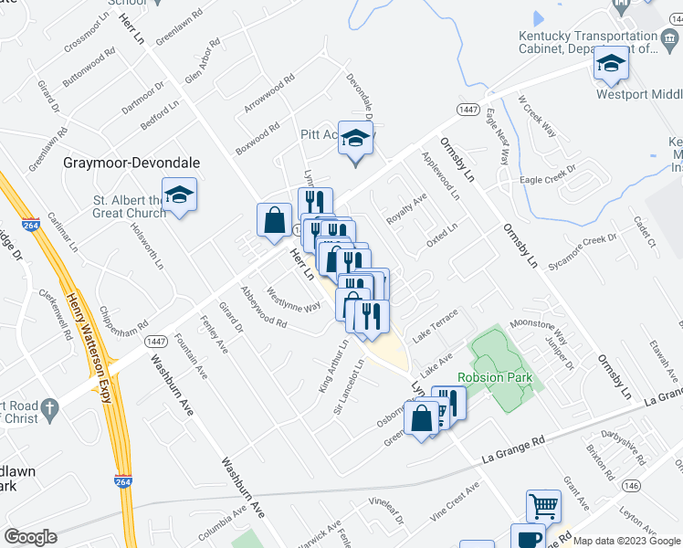 map of restaurants, bars, coffee shops, grocery stores, and more near 1131 Lyndon Lane in Graymoor-Devondale