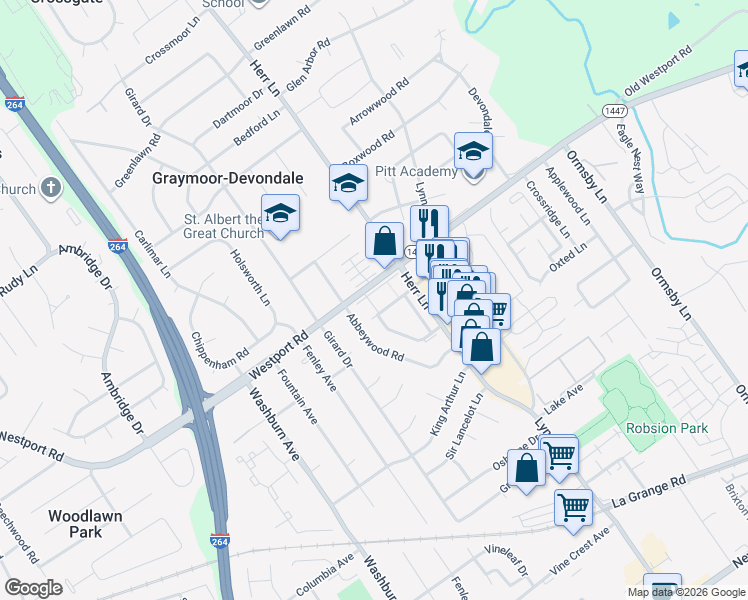 map of restaurants, bars, coffee shops, grocery stores, and more near 1366 Mariemont Court in Louisville