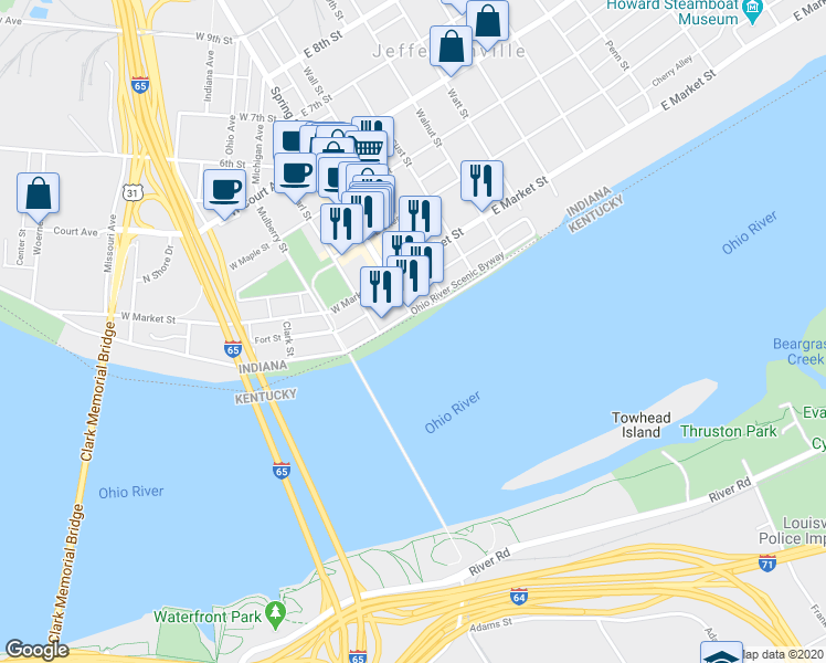 map of restaurants, bars, coffee shops, grocery stores, and more near West Riverside Drive in Jeffersonville