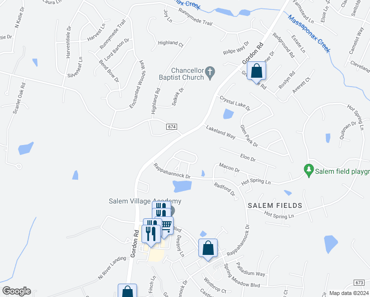 map of restaurants, bars, coffee shops, grocery stores, and more near 7135 Wytheville Circle in Fredericksburg
